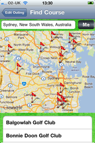 Shows golf courses near the selected area